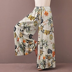 Women's Culottes Wide Leg Wide Leg Trousers Full Length Faux Linen Pocket Baggy Mid Waist Fashion Streetwear Holiday Weekend Yellow Red S M Summer Spring Fall