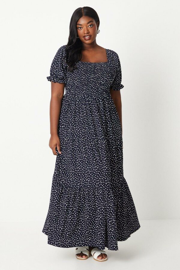 Womens Curve Navy Spot Shirred Tiered Maxi Dress