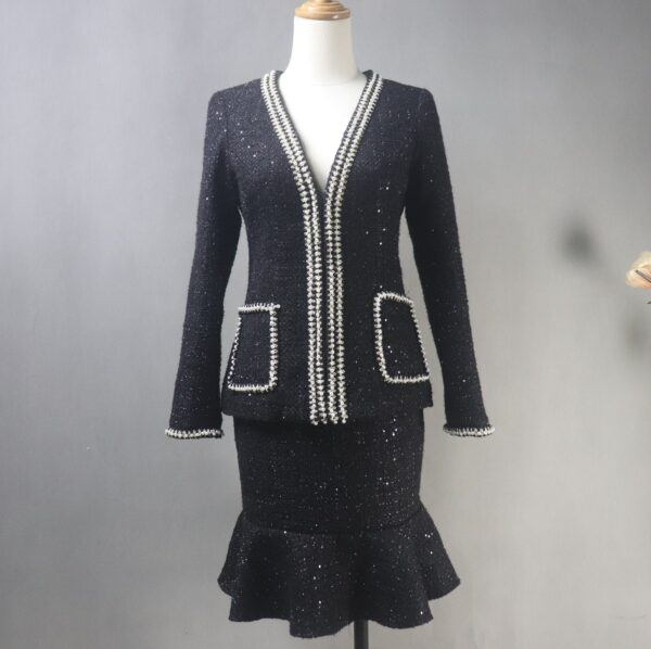 Women's Custom Made Suit Tweed Sequinned Deep V Neck Pearls Decoration Blazer Coat+ Long Fishtail Skirt Formal, Personalised Gift