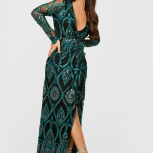 Womens Damask Plunge Maxi Party Dress - Green - 8, Green