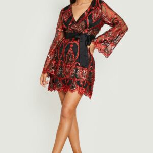 Womens Damask Wrap Skater Party Dress - Red - 10, Red