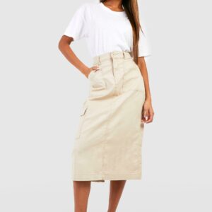 Womens Denim Cargo Midi Skirt - Cream - S, Cream