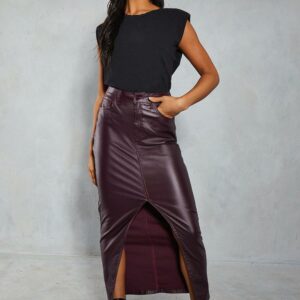 Womens Denim Coated Split Front Maxi Skirt - burgundy - 8, Burgundy