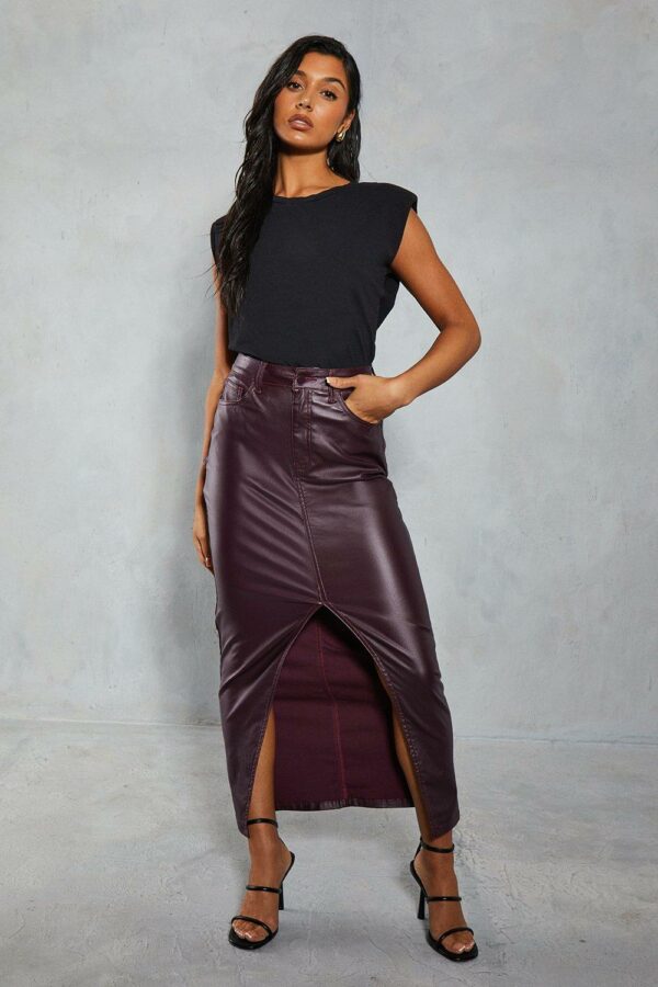 Womens Denim Coated Split Front Maxi Skirt - burgundy - 8, Burgundy