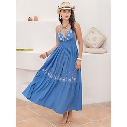 Women's Denim Dress Maxi Dress Chiffon Ruched Party Elegant Bohemia Halter Neck Sleeveless Blue Color