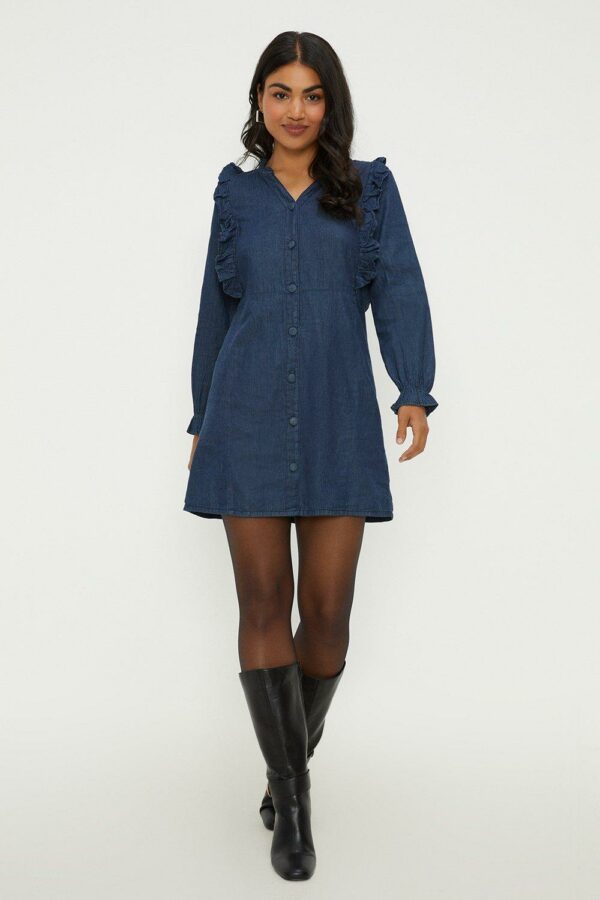 Womens Denim Ruffle Mini Dress