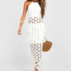 Womens Disk Crochet Asymmetric Hem Maxi Skirt - White - 10, White