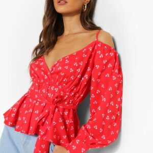 Womens Ditsy Cold Shoulder Peplum Top - Red - 10, Red