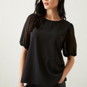 Womens Dobby Chiffon Contrast Sleeve Blouse