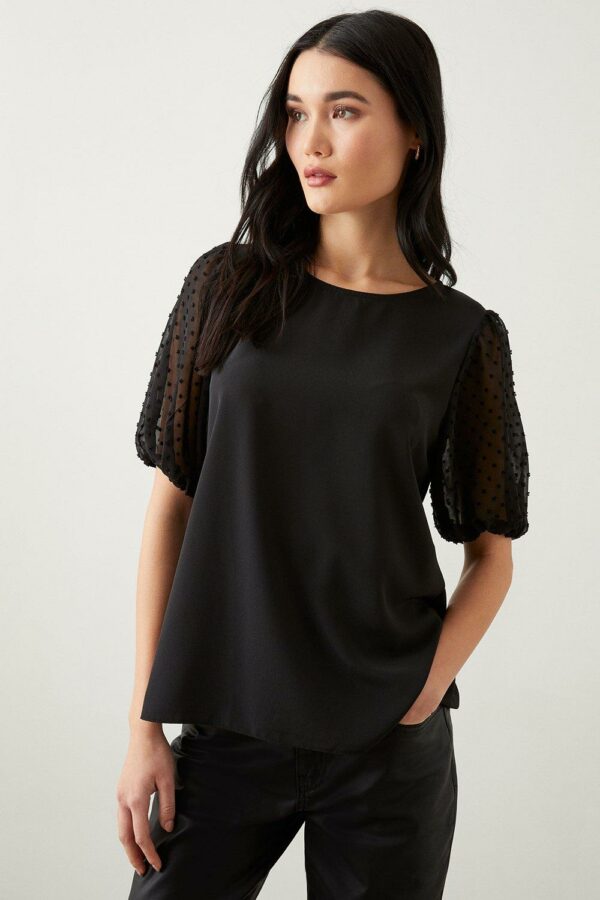 Womens Dobby Chiffon Contrast Sleeve Blouse