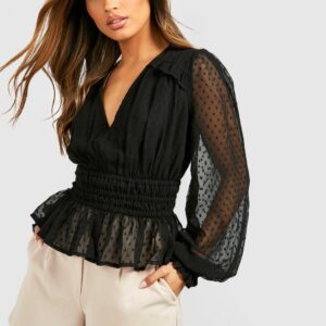 Womens Dobby Mesh Long Sleeve Blouse - Black - 14, Black