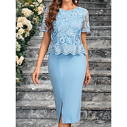 Women's Dress Contrast Lace Wedding Guest Cocktail Party Elegant Formal Short Sleeve Blue Color