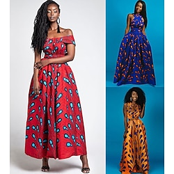 Women's Dress Modern African Outfits Boho African Print Kitenge Off Shoulder Main Actress Masquerade Adults Dress Party