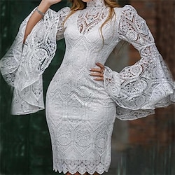 Women's Dress Set White Dress Party Dress White Lace Wedding Dress Party Wedding Guest Fashion Party Embroidered with Sleeve Mini Dress Stand Collar Long Sleeve Plain Regular Fit Summer Spring