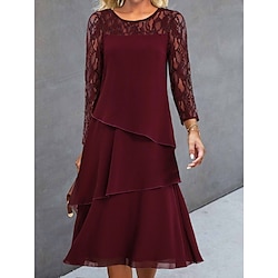 Women's Elegant Lace Dress Party Dress Wedding Guest Cocktail Dress Lace Ruffle Crew Neck Long Sleeve Midi Dress Wine Navy Blue Spring Winter