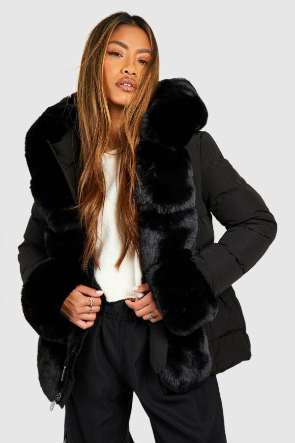 Womens Faux Fur Panelled Parka - Black - L, Black