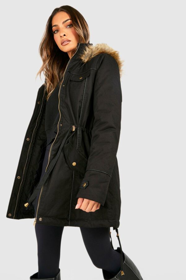 Womens Faux Fur Trim Hood Parka Coat - Black - 10, Black