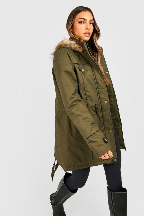 Womens Faux Fur Trim Hood Parka Coat - Green - 10, Green