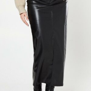 Womens Faux Leather Split Midi Skirt