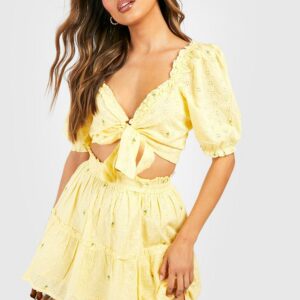 Womens Floral Broderie Knot Top & Ruffle Hem Skirt - Yellow - 12, Yellow