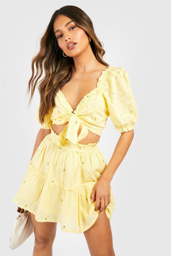 Womens Floral Broderie Knot Top & Ruffle Hem Skirt - Yellow - 12, Yellow