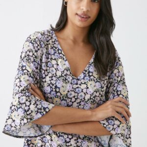 Womens Floral Frill Sleeve V Neck Blouse