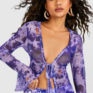 Womens Floral Mesh Frill Tie Front Blouse - Purple - 8, Purple