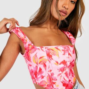 Womens Floral Printed Strappy Bengaline Corset Top - Pink - 16, Pink