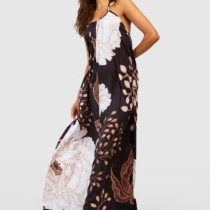 Womens Floral Printed Trapeze Maxi Dress - Black - 8, Black