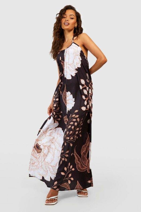 Womens Floral Printed Trapeze Maxi Dress - Black - 8, Black