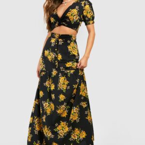 Womens Floral Puff Sleeve Crop & Maxi Skirt - Black - 6, Black