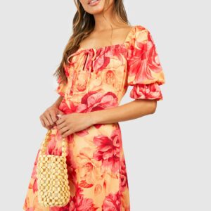 Womens Floral Puff Sleeve Sundress - Orange - 10, Orange