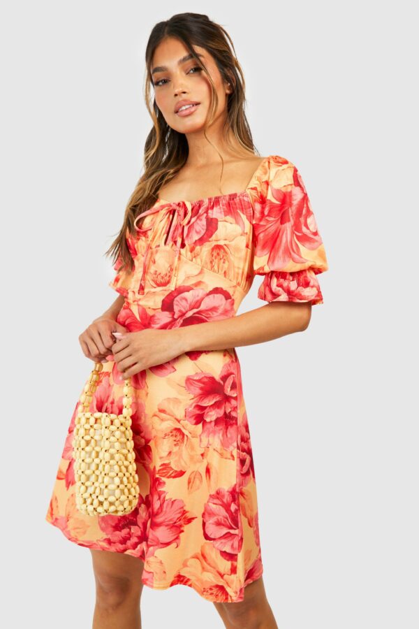 Womens Floral Puff Sleeve Sundress - Orange - 10, Orange