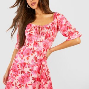 Womens Floral Puff Sleeve Sundress - Pink - 10, Pink