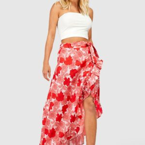 Womens Floral Ruffle Hem Wrap Front Maxi Skirt - Pink - 14, Pink