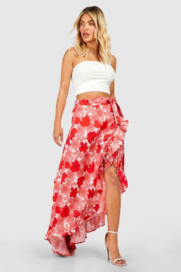 Womens Floral Ruffle Hem Wrap Front Maxi Skirt - Pink - 14, Pink