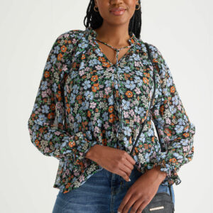 Womens Floral Ruffle Neck Blouse