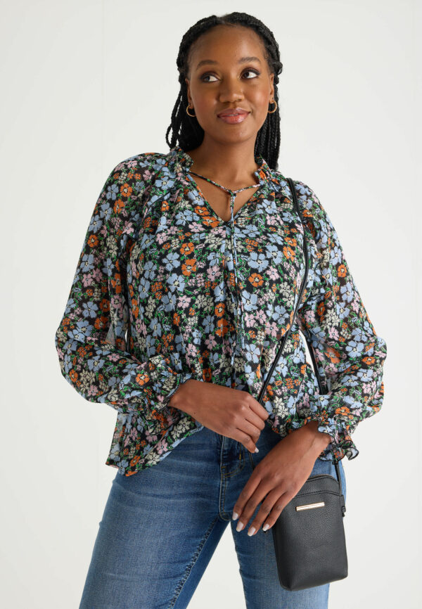 Womens Floral Ruffle Neck Blouse