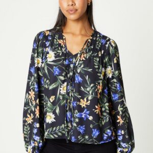 Womens Floral Tie Neck Blouse