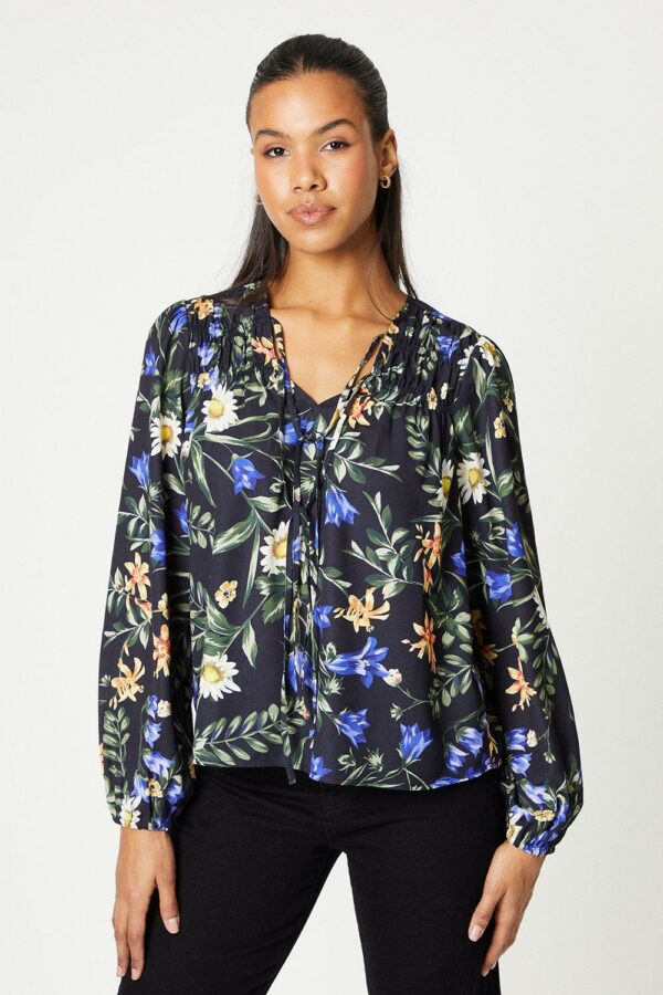 Womens Floral Tie Neck Blouse