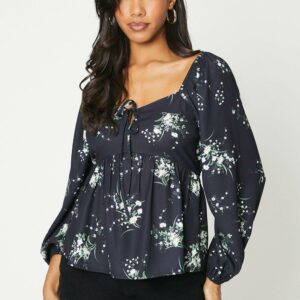 Womens Floral Tie Neck Long Sleeve Blouse