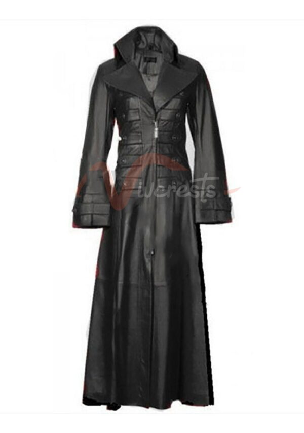 Womens Genuine Black Leather Trench Coat Steampunk Gothic Long Winter Jacket