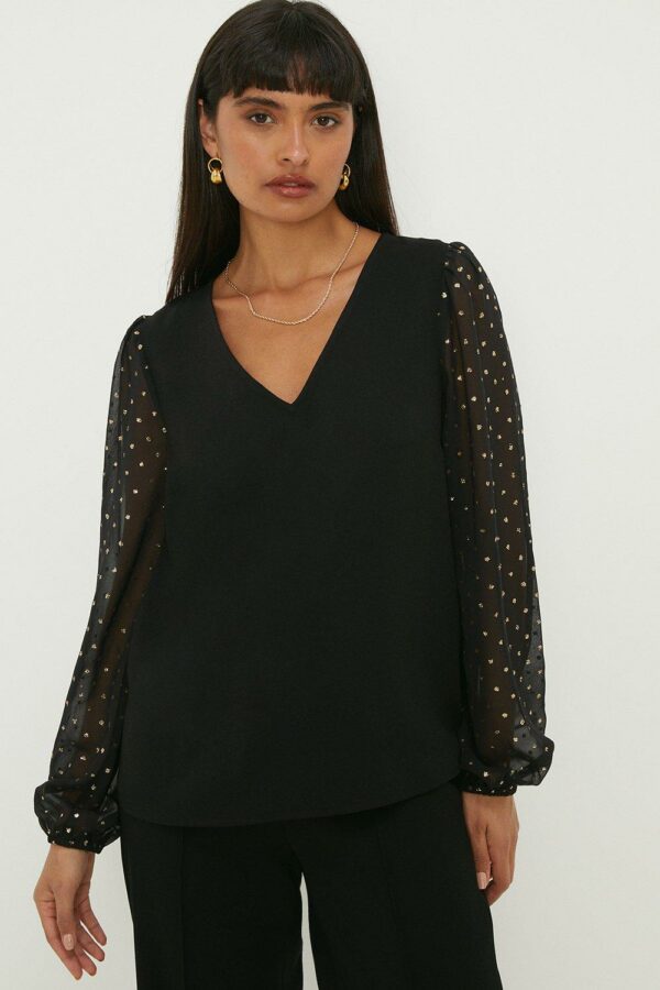 Womens Gold Shimmer Chiffon Contrast Sleeve Blouse