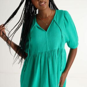 Womens Green Double Cotton Tunic Dress