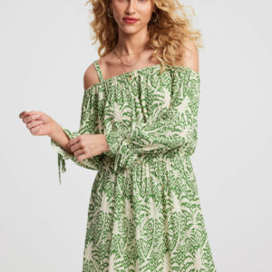 Womens Green Palm Bardot Tea Dress