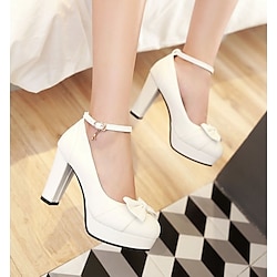 Women's Heels Dress Shoes Mary Jane Lolita Wedding Party Office Bridesmaid Shoes Summer Bowknot Platform Chunky Heel Round Toe Elegant Fashion Cute Faux Leather Ankle Strap Black White Blue