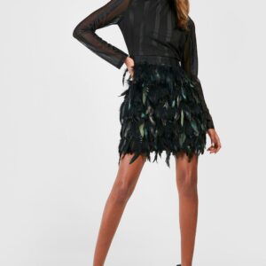 Womens High Neck Feather Skirt Mini Party Dress - Black - 10, Black