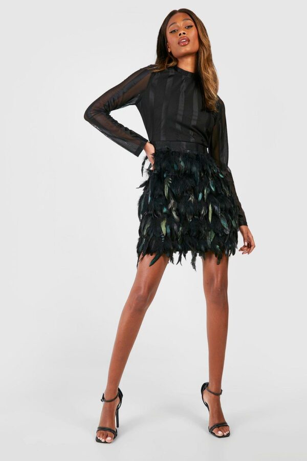 Womens High Neck Feather Skirt Mini Party Dress - Black - 10, Black