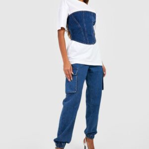 Womens High Waisted Denim Cargo Joggers - Blue - 14, Blue