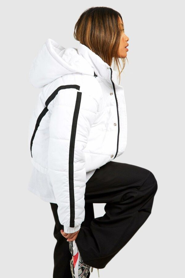 Womens Hooded Contrast Trim Puffer Jacket - White - 14, White